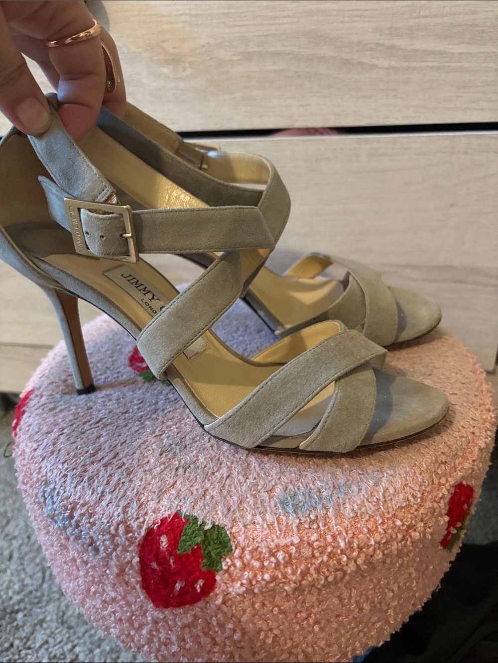 Jimmy Choo Light Gray Suede Strappy Stiletto Heel Sandals